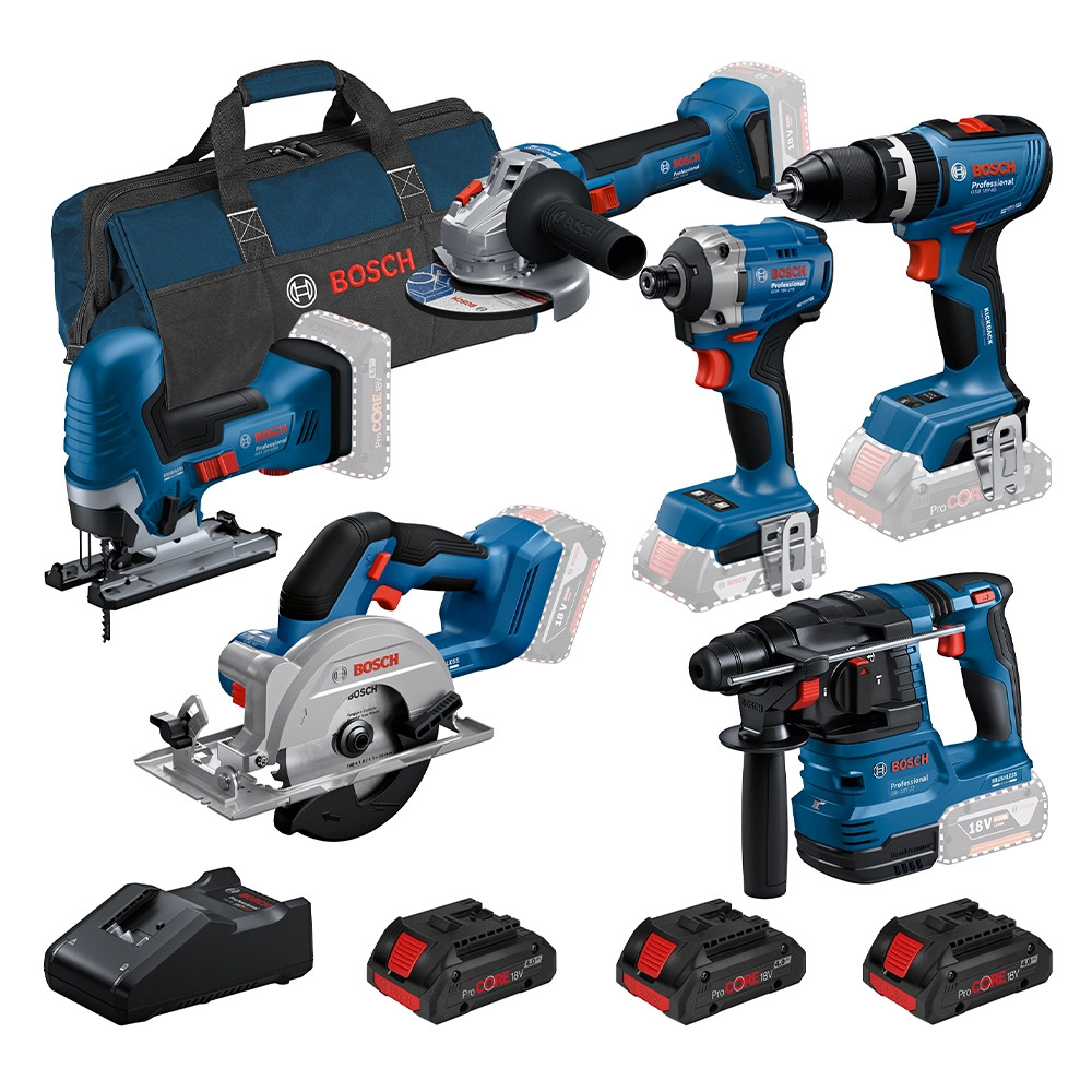 Bosch 6 Piece 18V Brushless Tool Kit, 3x ProCORE 4.0Ah Batteries, Charger & Tool Bag