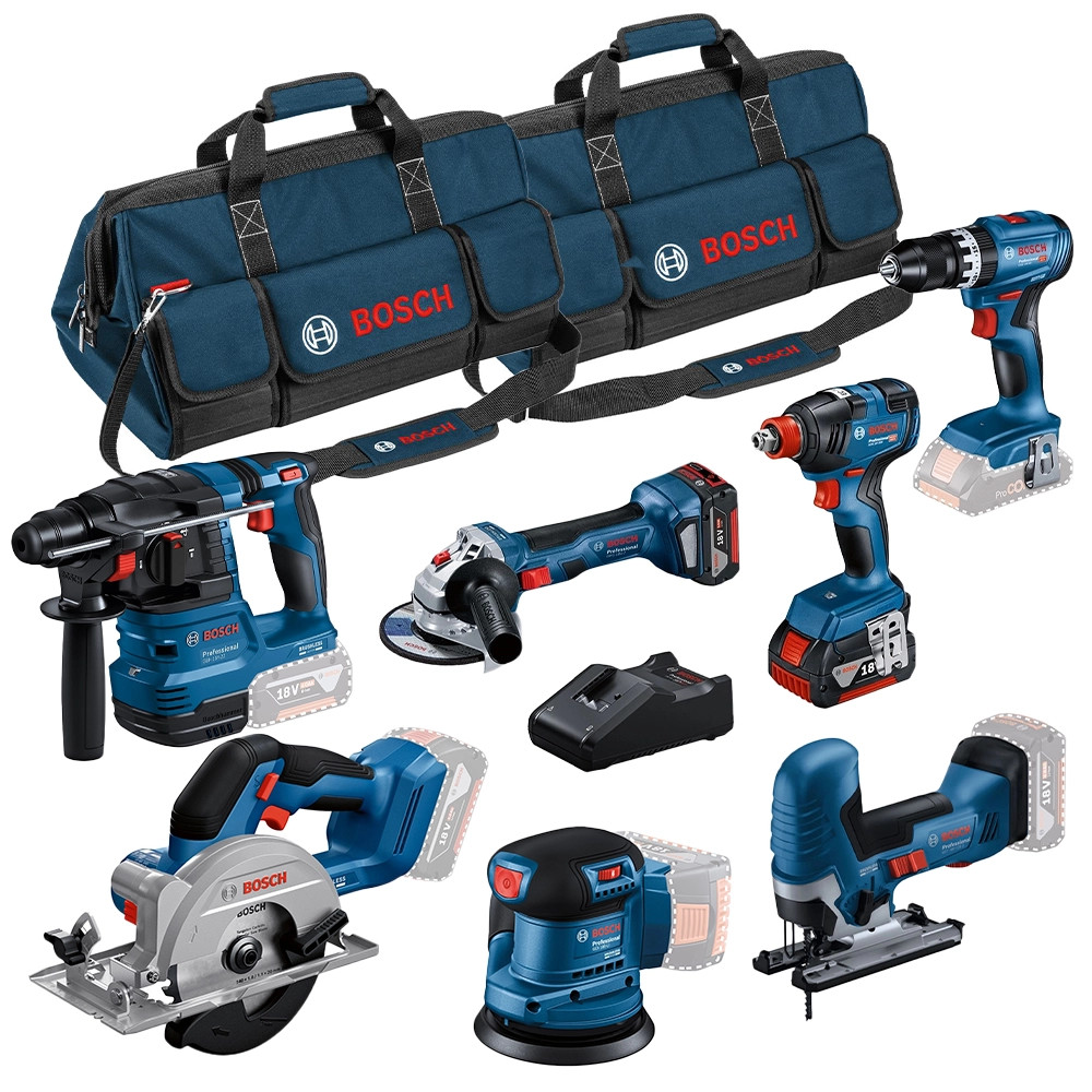 Bosch 7 Piece 18V Brushless Power Tool Kit, 2x 5.0Ah Batteries, Charger & 2x Tool Bags