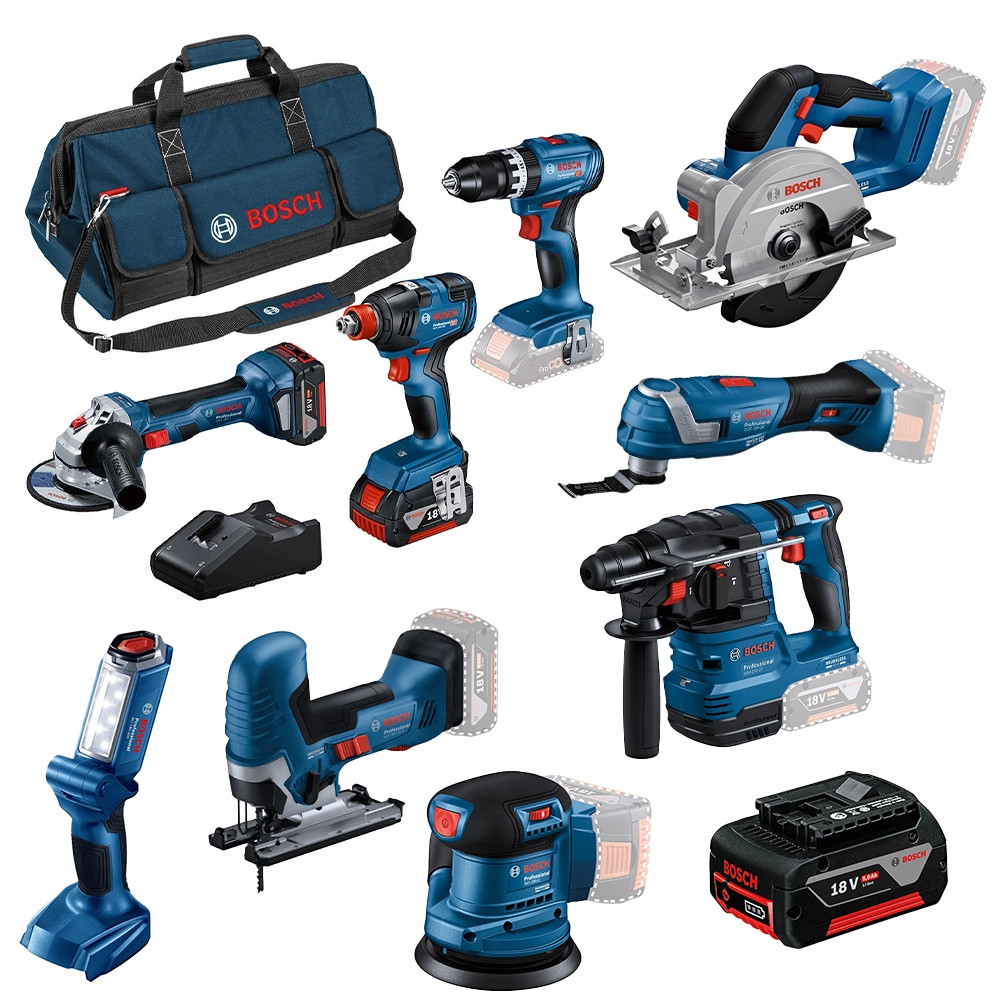 Bosch 9 Piece 18V Brushless Power Tool Kit, 3x 5.0Ah Batteries, Charger & 2x Tool Bags