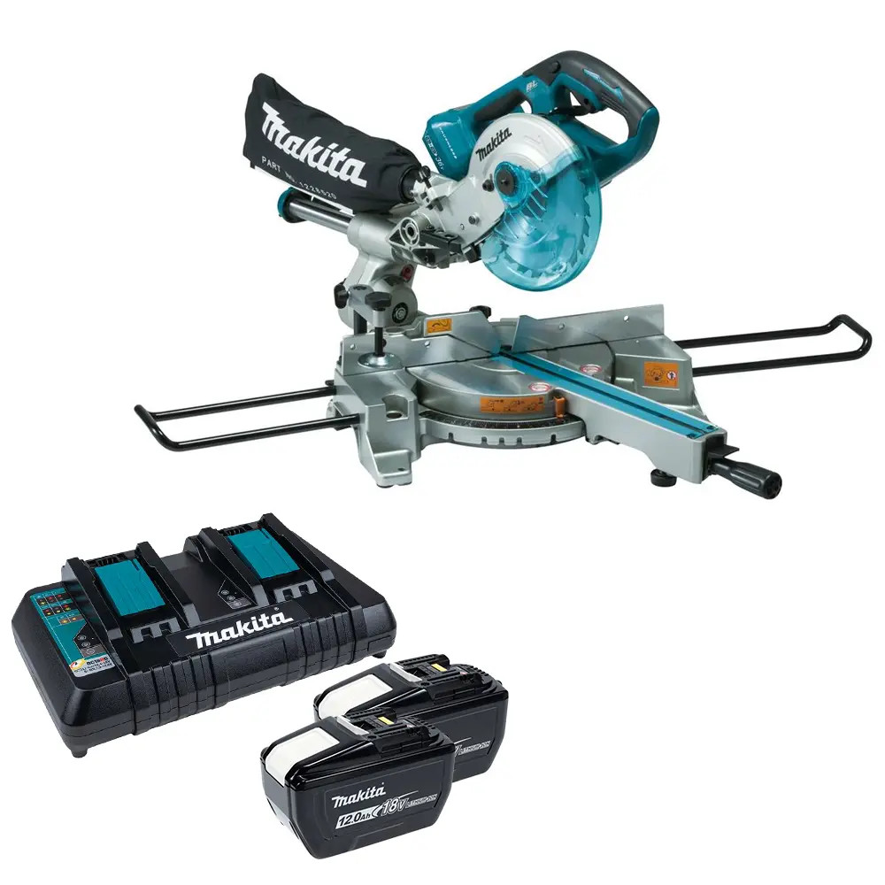 Makita DLS714Z 36V (Twin 18V) LXT 190mm Brushless Slide Compound Mitre Saw, 2x 12.0Ah Batteries & Dual Port Battery Charger