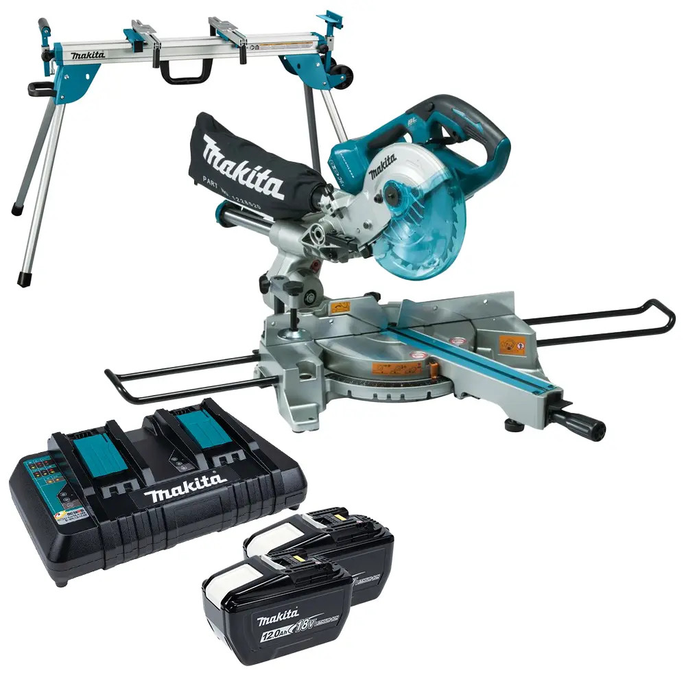 Makita DLS714Z 36V (Twin 18V) LXT 190mm Brushless Slide Compound Mitre Saw, 2x 12.0Ah Batteries, Dual Port Battery Charger & Makita WST06 Mitre Saw…