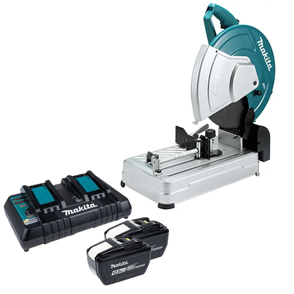 Makita DLW140Z 36V (Twin 18V) LXT Brushless 355mm Cut-Off Saw, 2x 12.0Ah Batteries & Dual Charger