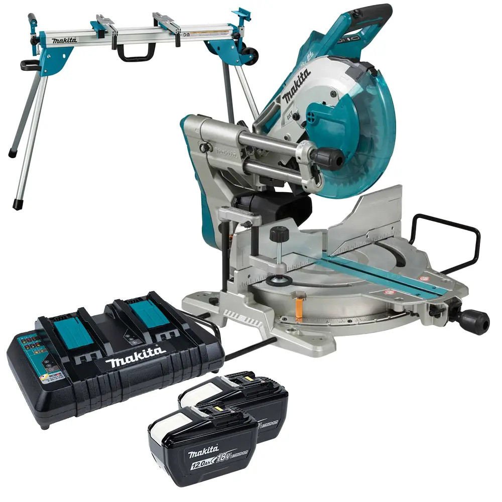 Makita DLS110Z 36V (Twin 18V) 260mm Brushless Slide Compound Mitre Saw, 2x 12.0Ah Batteries, Dual Port Battery Charger & Makita DEBWST06 Mitre Saw …