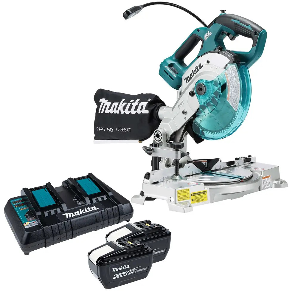 Makita DLS600Z 18V LXT 165mm Brushless Mitre Saw, 2x 12.0Ah Batteries & Dual Port Charger