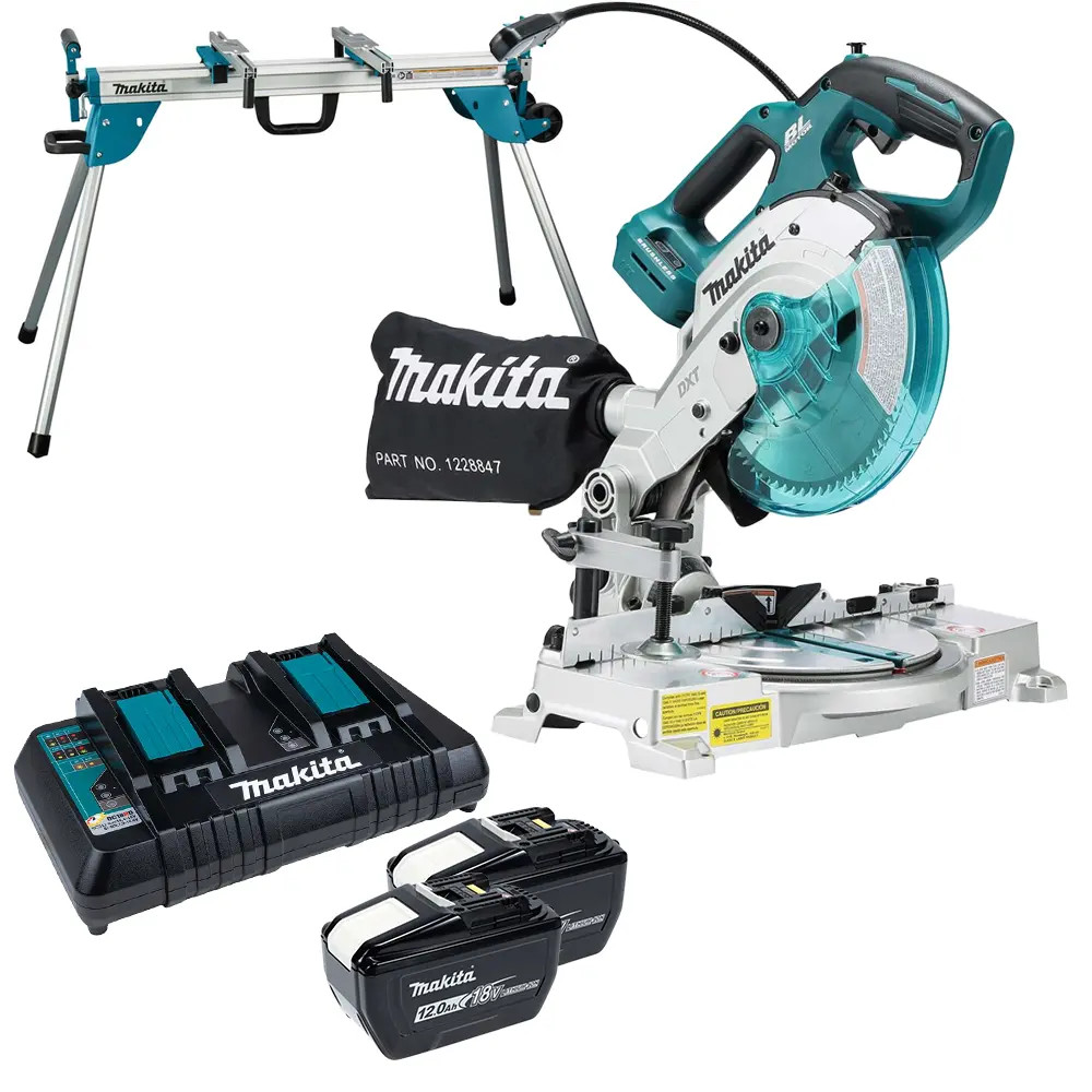 Makita DLS600Z 18V LXT 165mm Brushless Mitre Saw, 2x 12.0Ah Batteries, Dual Port Charger & Saw Stand