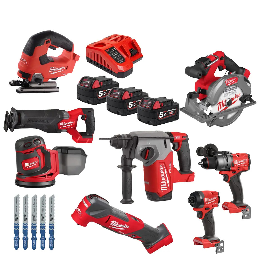 Milwaukee 8 Piece M18 Power Tool Kit, 3x 5.0Ah Batteries, Charger & PACKOUT Case Set