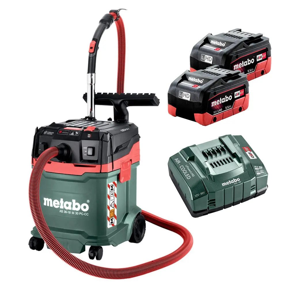 Metabo AS 36-18 M 30 PC CC 18V Vacuum Cleaner, 2x 5.5Ah LiHD Batteries & ASC 145 Charger