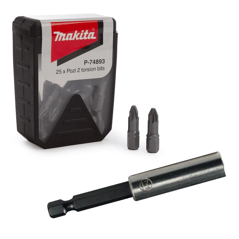 Makita 25x PZ2 25mm Impact Torsion Screwdriver Bit Box & 60mm Magnetic Bit Holder