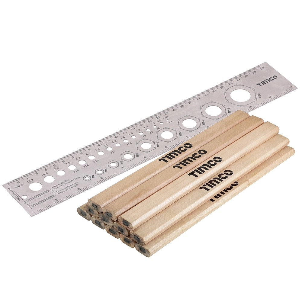 Timco Fixings Gauge / Ruler & 12x Carpenters Pencils