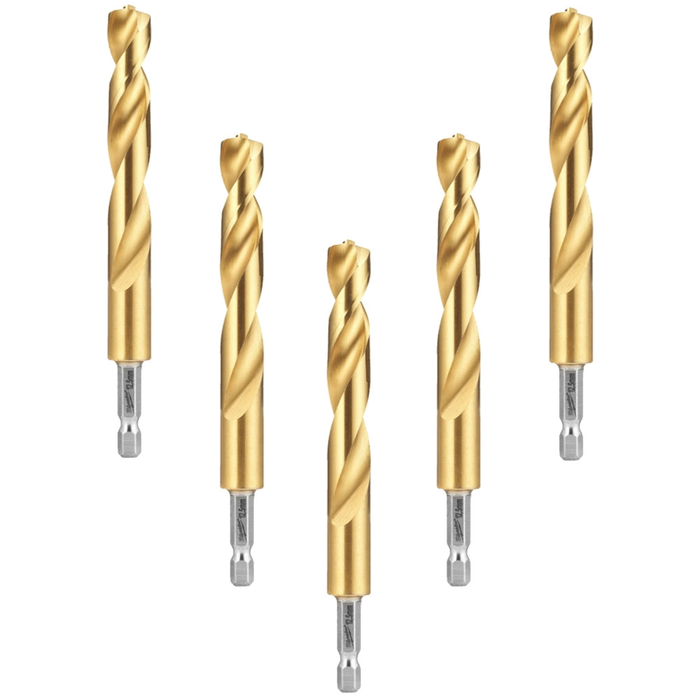 Milwaukee 12.5mm x 128mm SHOCKWAVE Red Hex HSS TiN Metal Drill Bits - Pack of 5