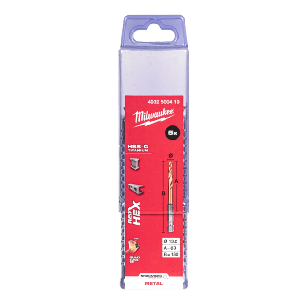 Milwaukee 13mm x 130mm SHOCKWAVE Red Hex HSS TiN Metal Drill Bits - Pack of 5