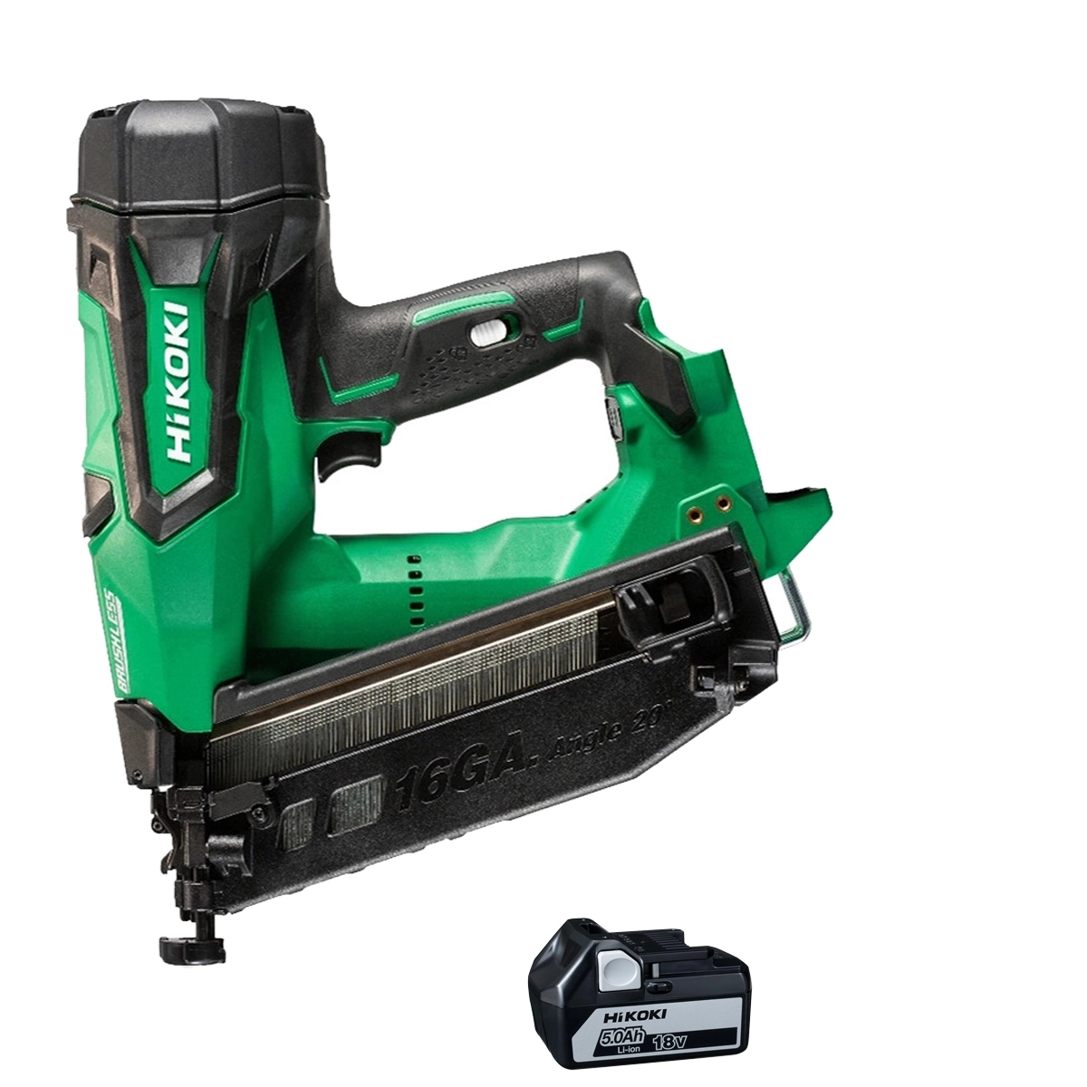 Hikoki NT1865DM 18V Brushless 16G Angled Second Fix Nail Gun - Body & 5.0Ah Battery