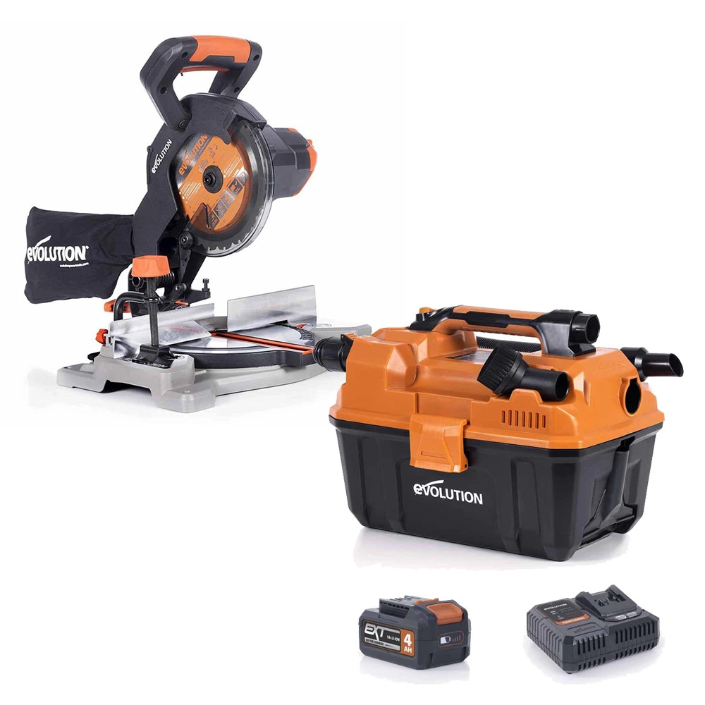 Evolution R185CMS-Li 18V Mitre Saw, R11VAC-Li 18V Wet & Dry Vacuum,1x 4.0Ah Battery, Charger & Blade