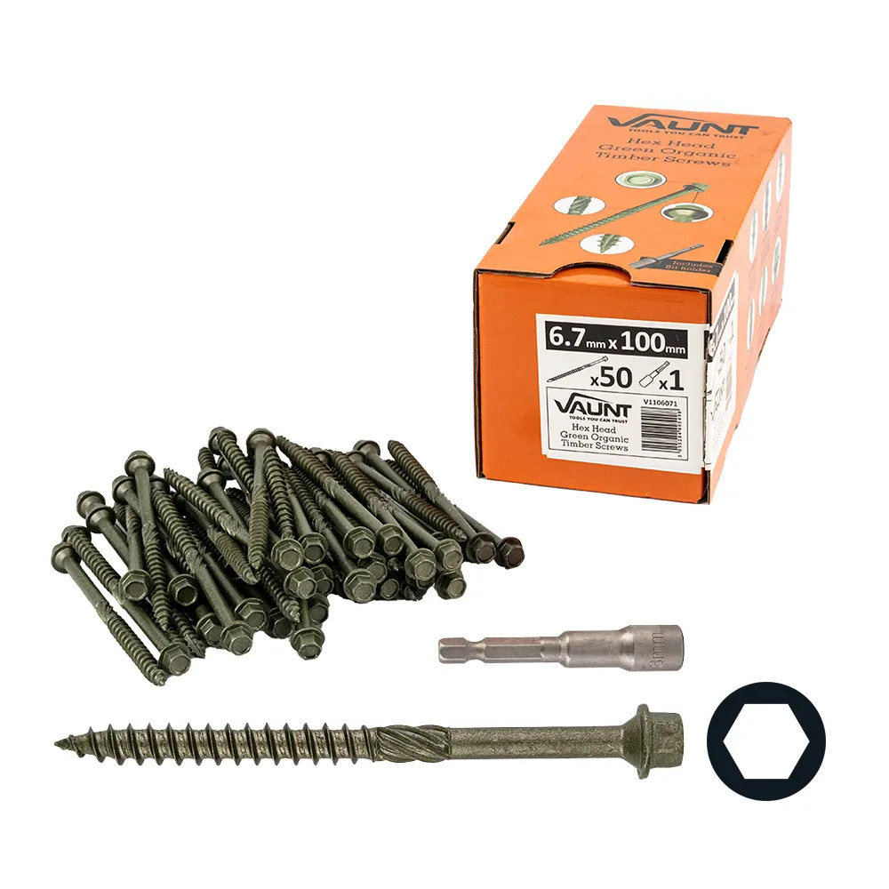 Vaunt 6.7mm x 100mm Hex Head Green Organic Timber Screws - Box of 50