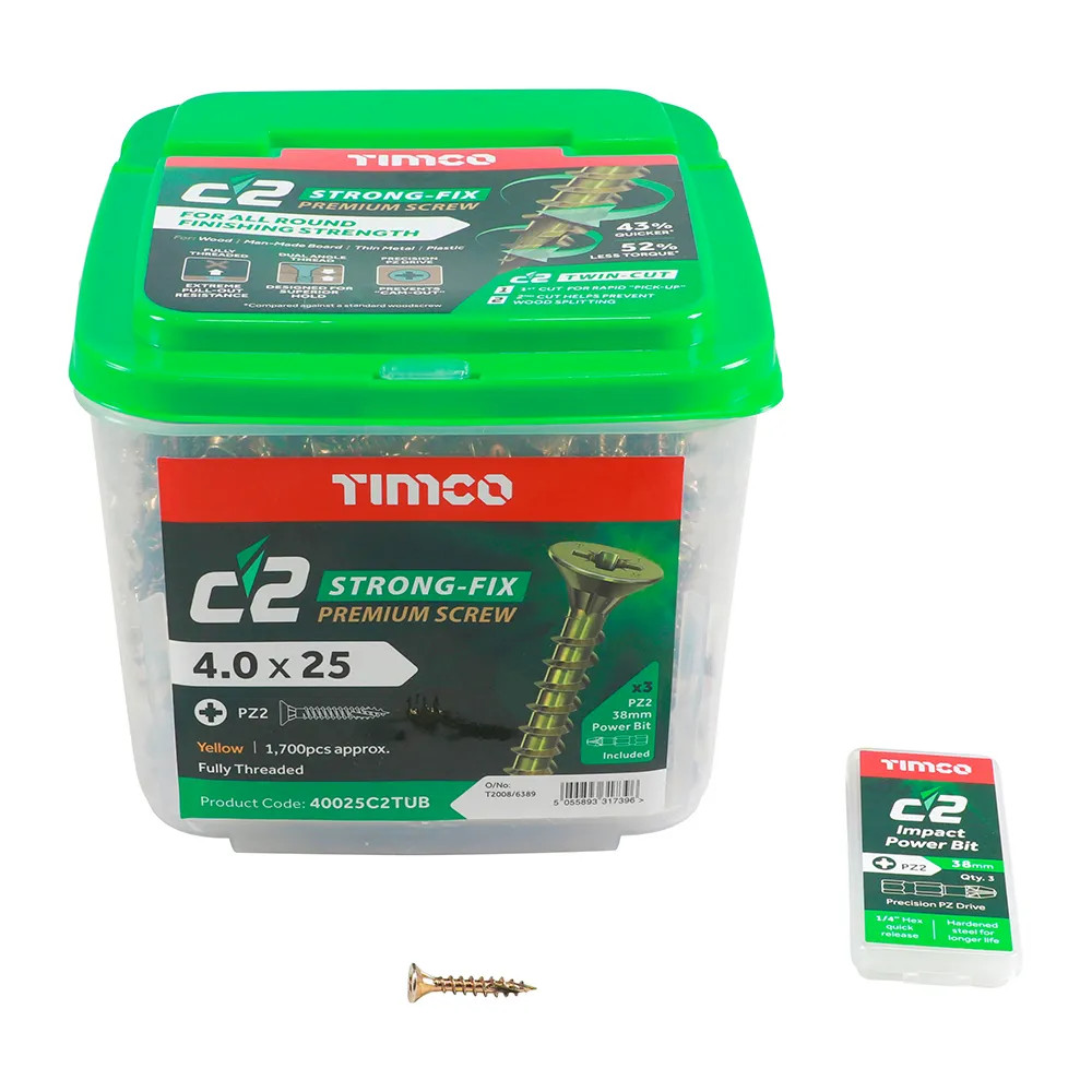 Timco 4.0 x 25mm C2 Strong-Fix Premium Screw - Tub of 1700