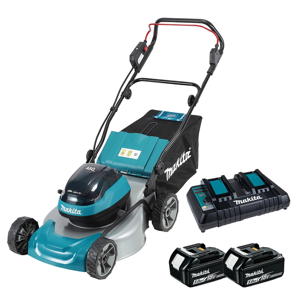 Makita DLM466PT2 36V (Twin 18V) LXT Brushless 46cm Lawn Mower, 2x 5.0Ah Batteries & Double Charger
