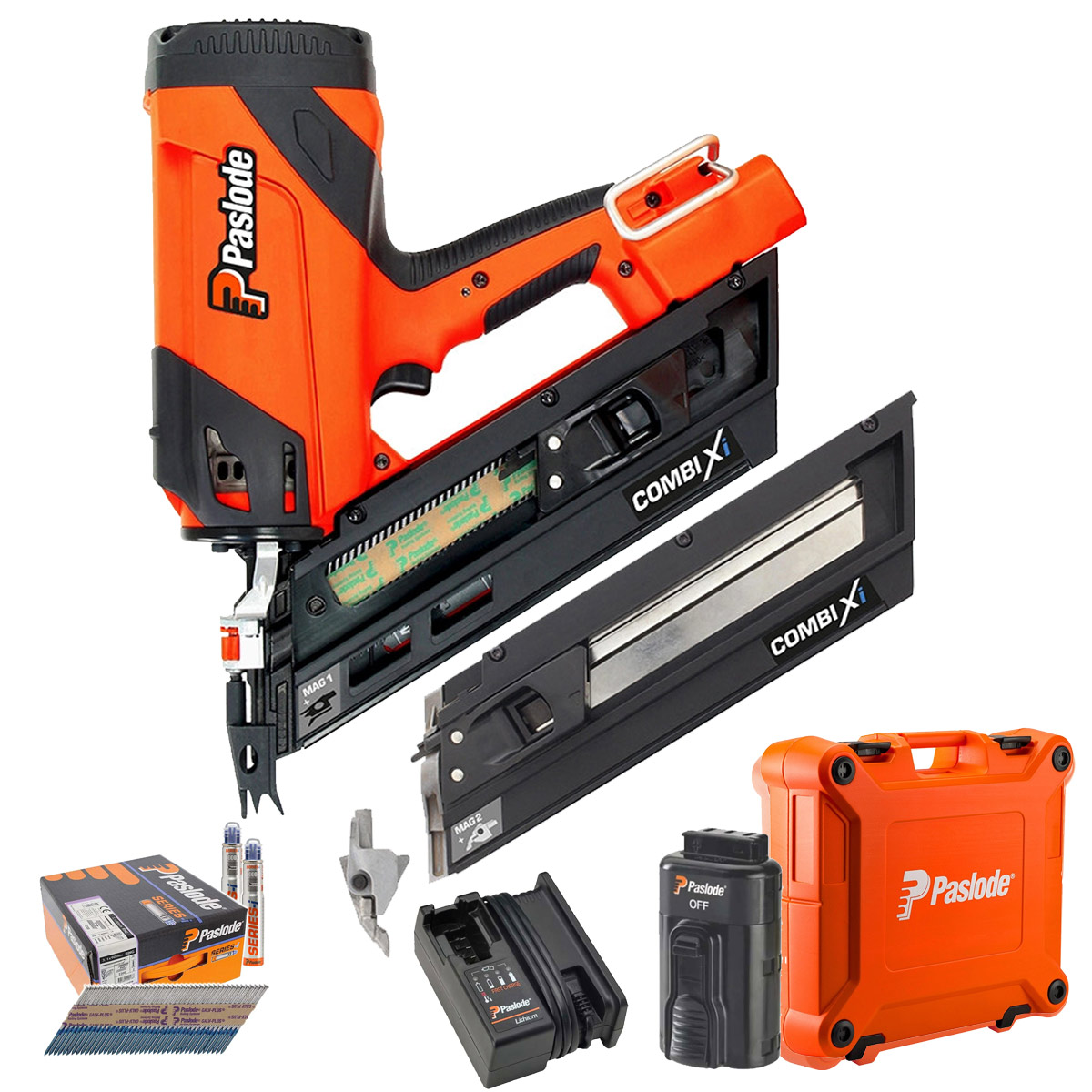 Paslode Combi Xi 2-In-1 Wood & Metal First-Fix Framing Angled Nail Gun, 1x 2.1Ah Battery, Charger, Case & 2200x 90 x 3.1mm Ring Shank Nails