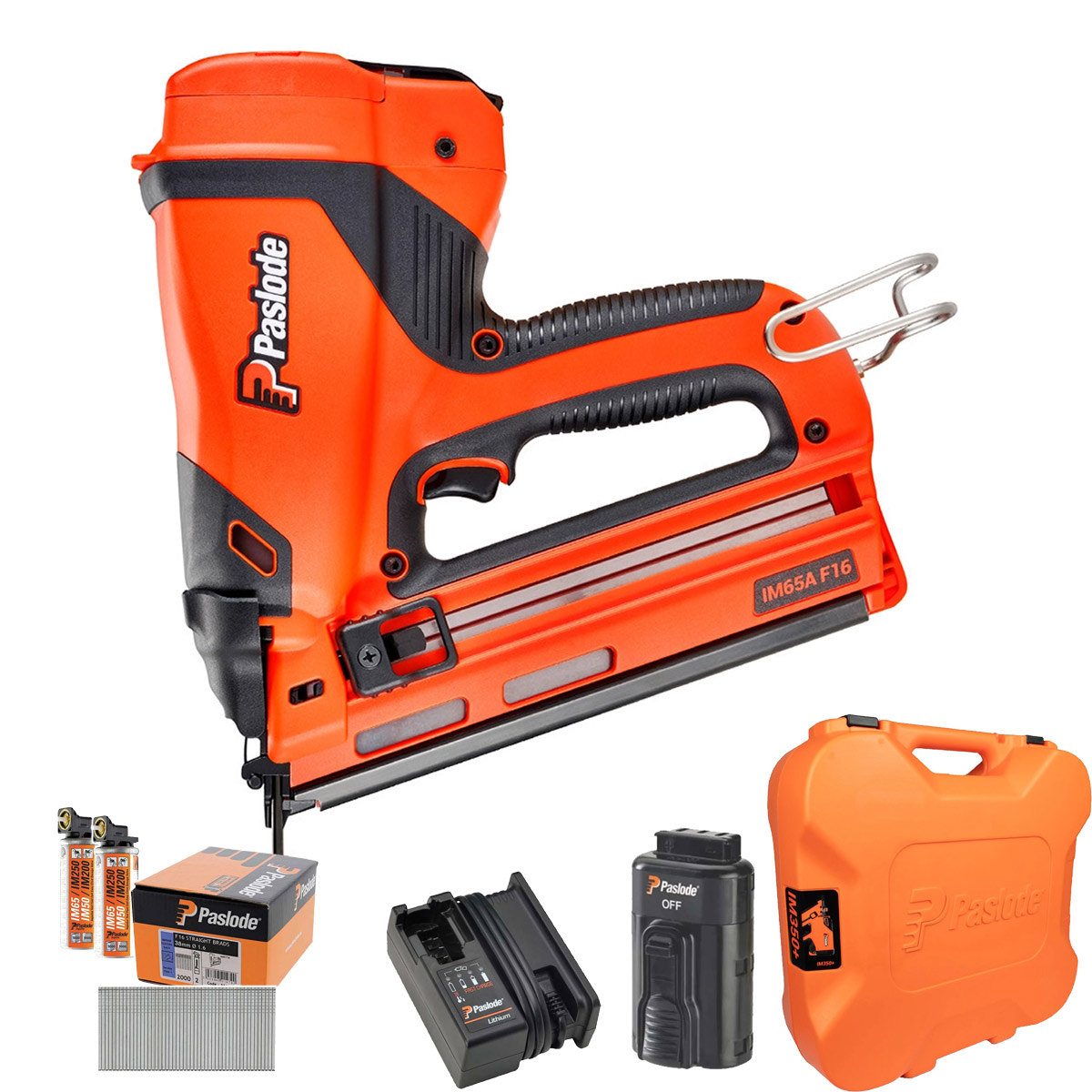 Paslode IM65A F16 7.4V Angled Second Fix Finishing Nail Gun, 2000x 16GA 38mm Angled Electro Galv. Collated Nails, 1x 2.1Ah Battery, Charger & Case