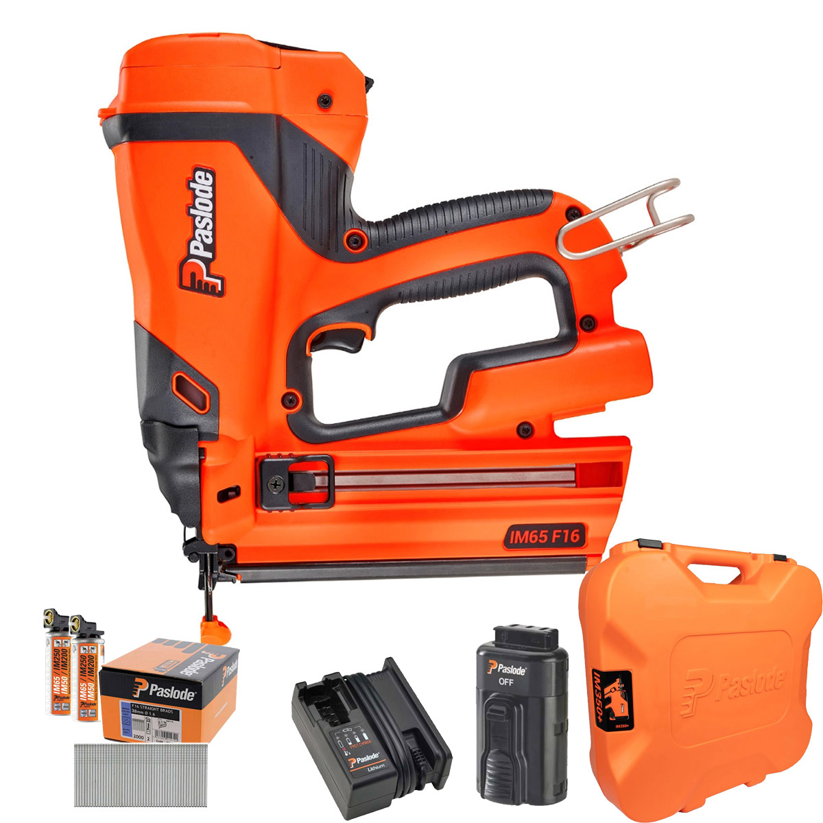 Paslode IM65 F16 7.4V Straight Second Fix Finishing Nail Gun, 2000x 16GA 38mm Straight Electro Galv Collated Nails, 1x 2.1Ah Battery, Charger, & C…