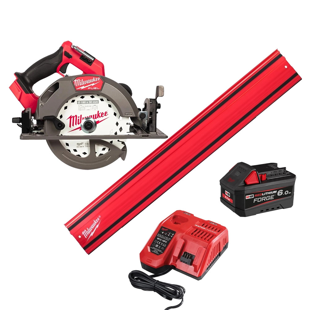 Milwaukee M18 FCS66GR3-0 18V FUEL Brushless Circular Saw, GR1400 1400mm Aluminium Guide Rail, 1x 6.0Ah FORGE Battery & Fast Battery Charger