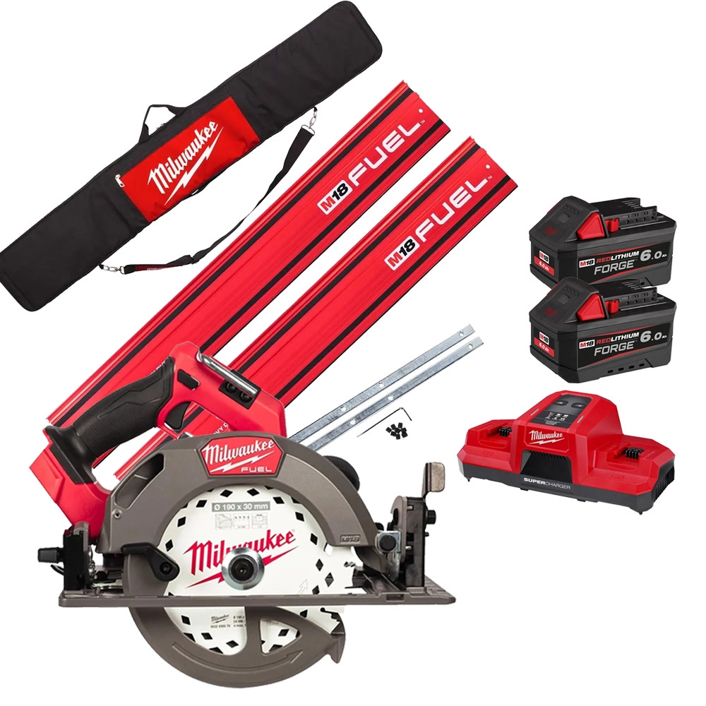 Milwaukee M18 FCS66GR3-0 18V FUEL Brushless Circular Saw, GR1400 Aluminium Guide Rail Kit, 2x 6.0Ah FORGE Battery & Dual Port Battery Charger