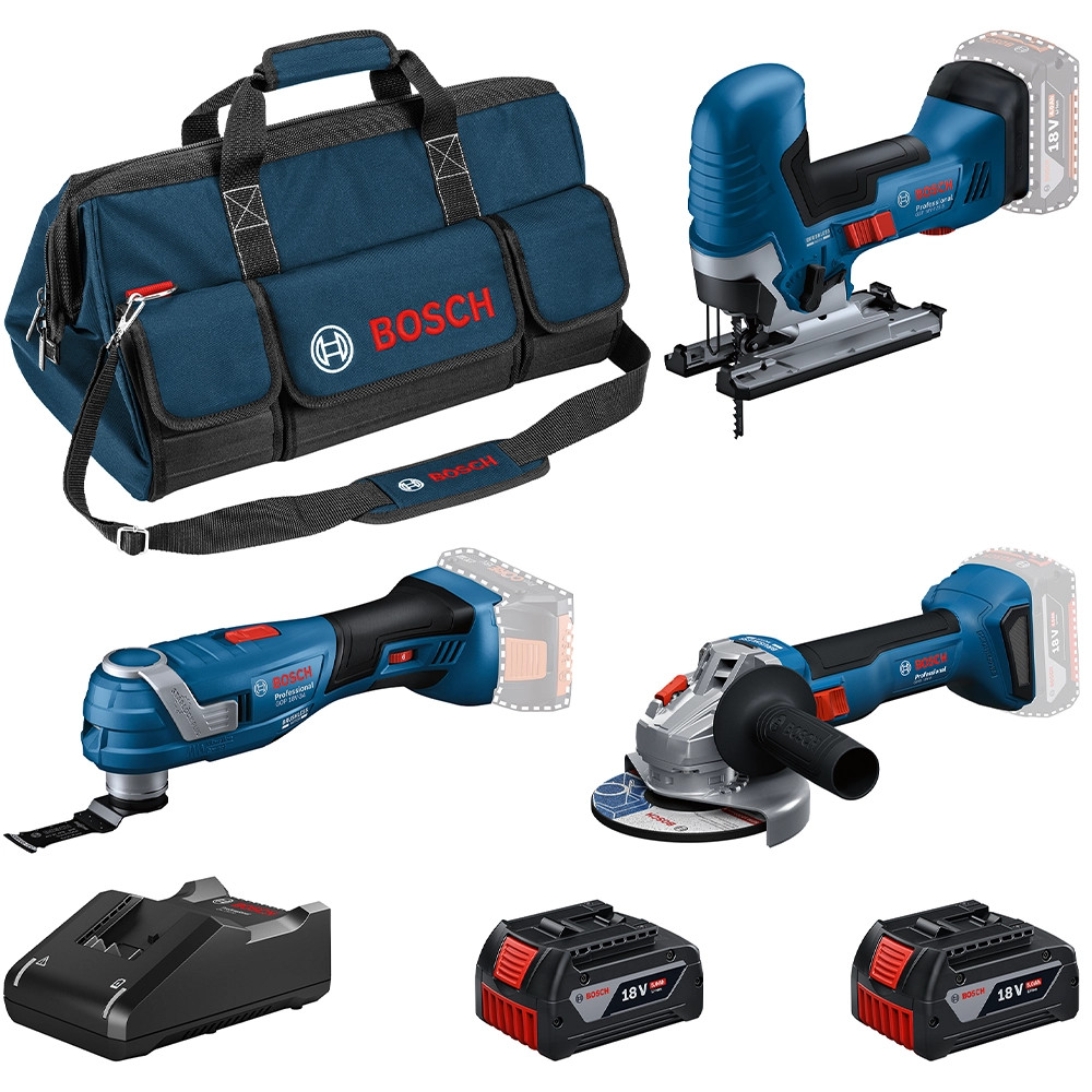 Bosch GST 18V-125 S 18V Brushless Jigsaw, GWS 18V-8 18V Brushless 115mm Angle Grinder, GOP 18V-34 18V Brushless Multi Tool, 2x GBA 5.0Ah Batteries,…