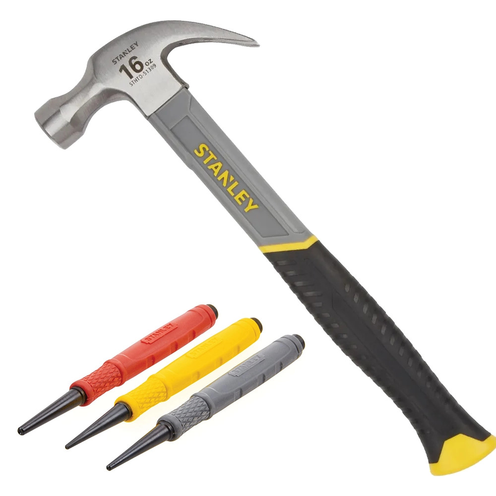 Stanley STHT0-51309 16oz (0.45kg) Curve-Claw Fiberglass Hammer & 3 Piece Dynagrip Nail Punch Set