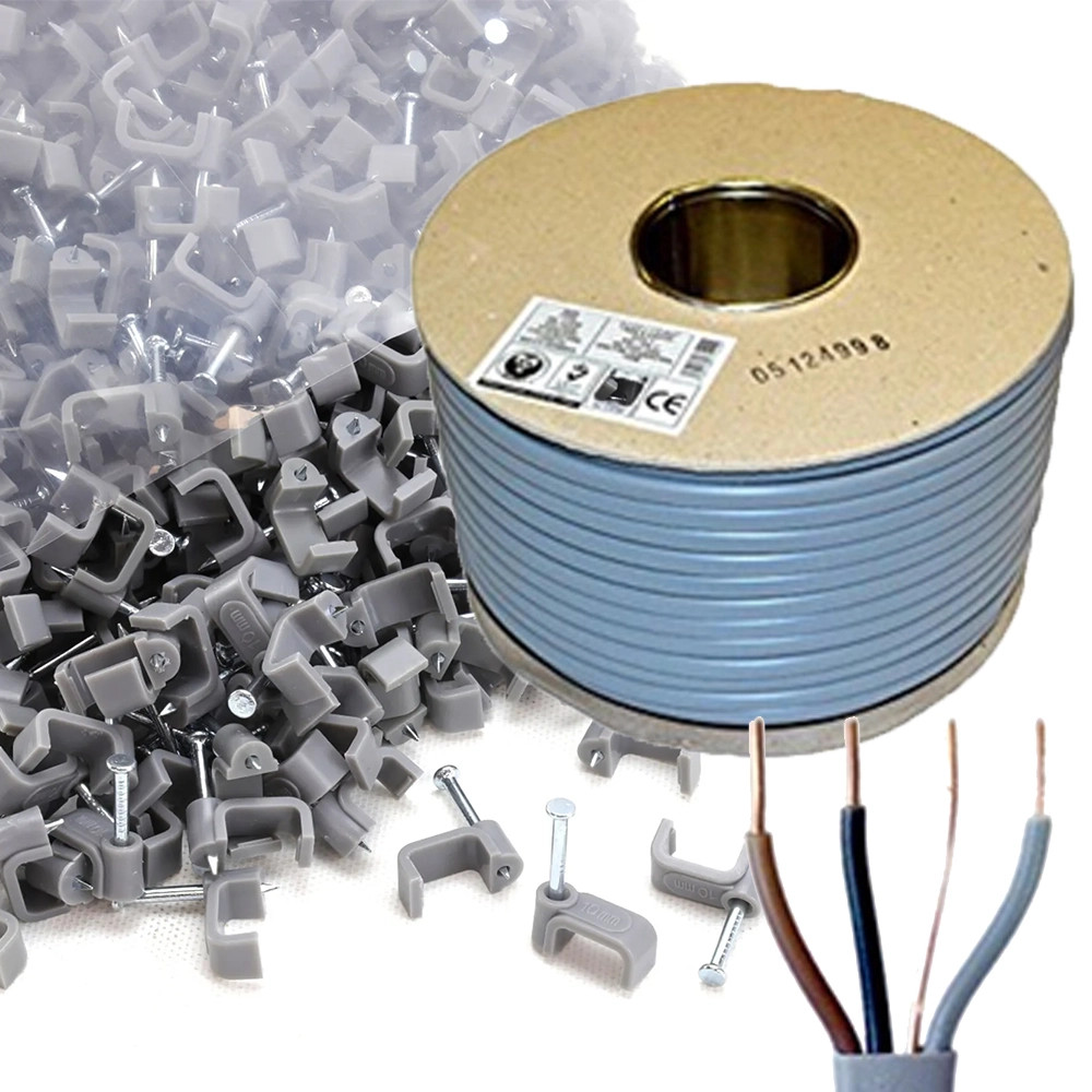 Jaylow 6243Y 3 Core & Earth 1.5mm² x 100m & 200x Unicrimp QFC4 Grey Cable Clips
