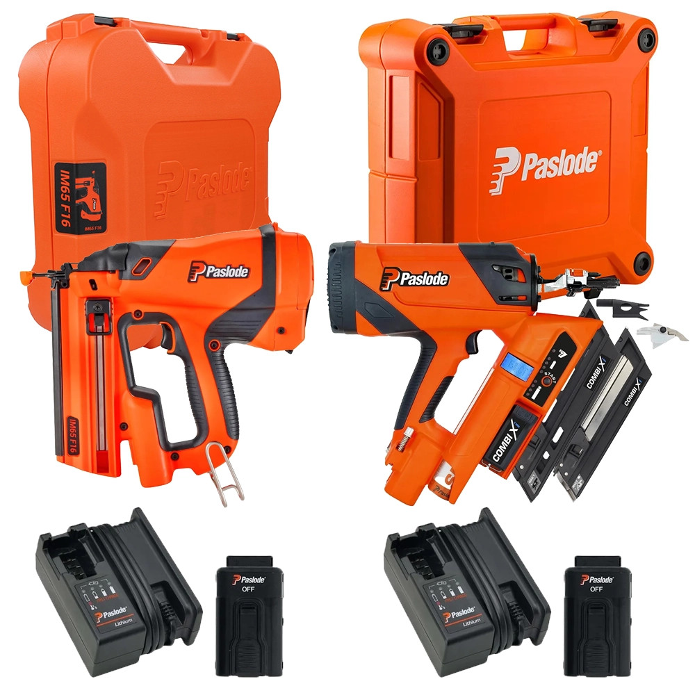 Paslode Combi Xi 2-In-1 Wood & Metal First-Fix Framing Nailer & Paslode IM65 F16 7.4V Straight Second Fix Finishing Nail Gun, 2x 2.1Ah Batteries, 2…