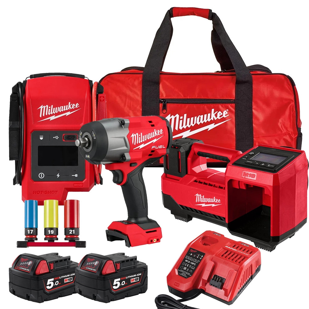Milwaukee 3 Piece M18 Automotive Tool Kit, 2x 5.0Ah Batteries, Charger & Tool Bag