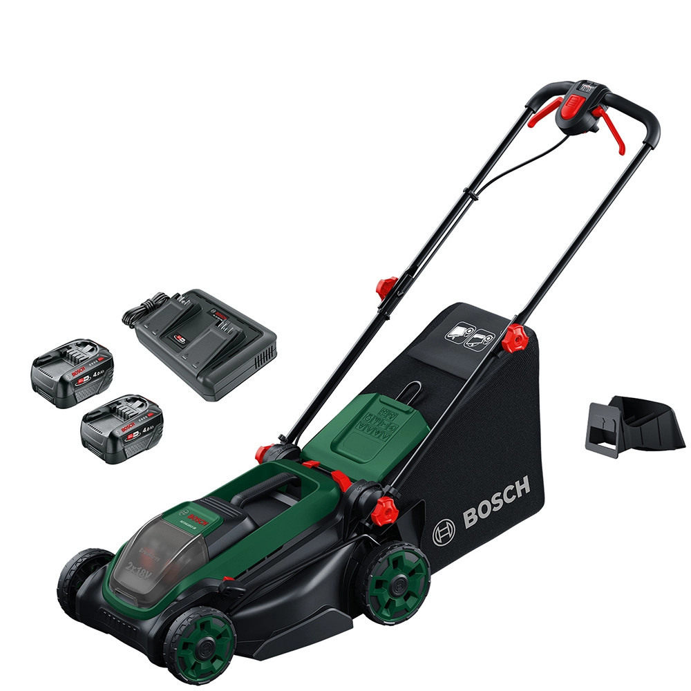 Bosch Green ROTAK18V2-38 36V (Twin 18V) Brushless Lawnmower, 2x 4.0Ah Batteries & Dual Charger