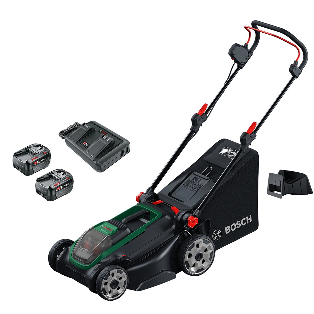 Bosch Green ROTAK18V2-43 36V (Twin 18V) Brushless Lawnmower, 2x 4.0Ah Batteries & Dual Charger