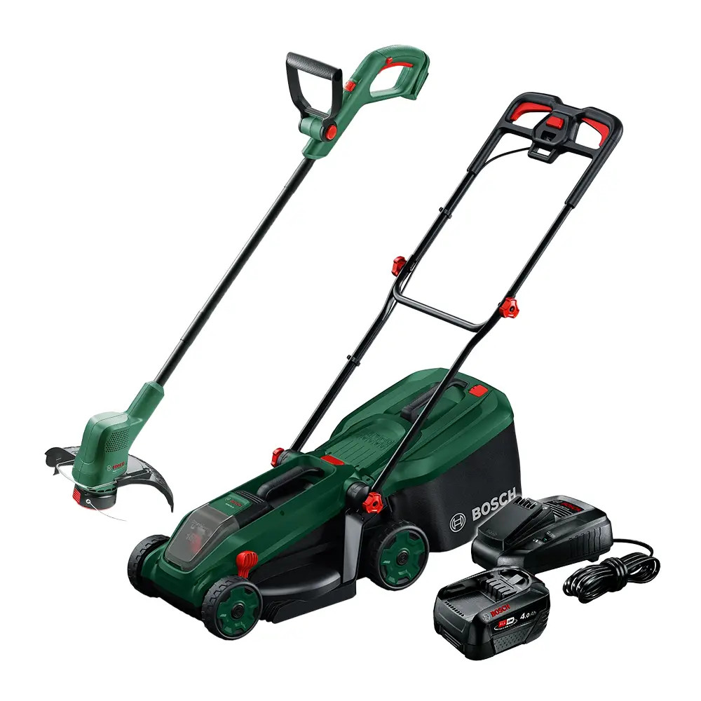 Bosch Green ROTAK18V-34 18V Brushless Lawnmower, EasyGrassCut 18V-26 Grass Trimmer, 2x 4.0Ah Batteries & 2x Chargers