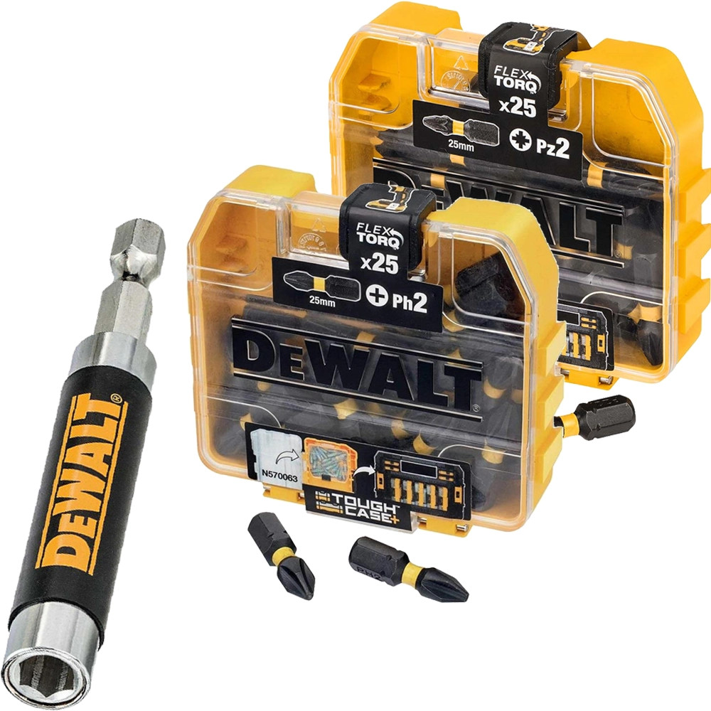 Dewalt 51 Piece PH2 & PZ2 25mm Impact Torsion Screwdriver Bit Set & 80mm Magnetic Bit Holder