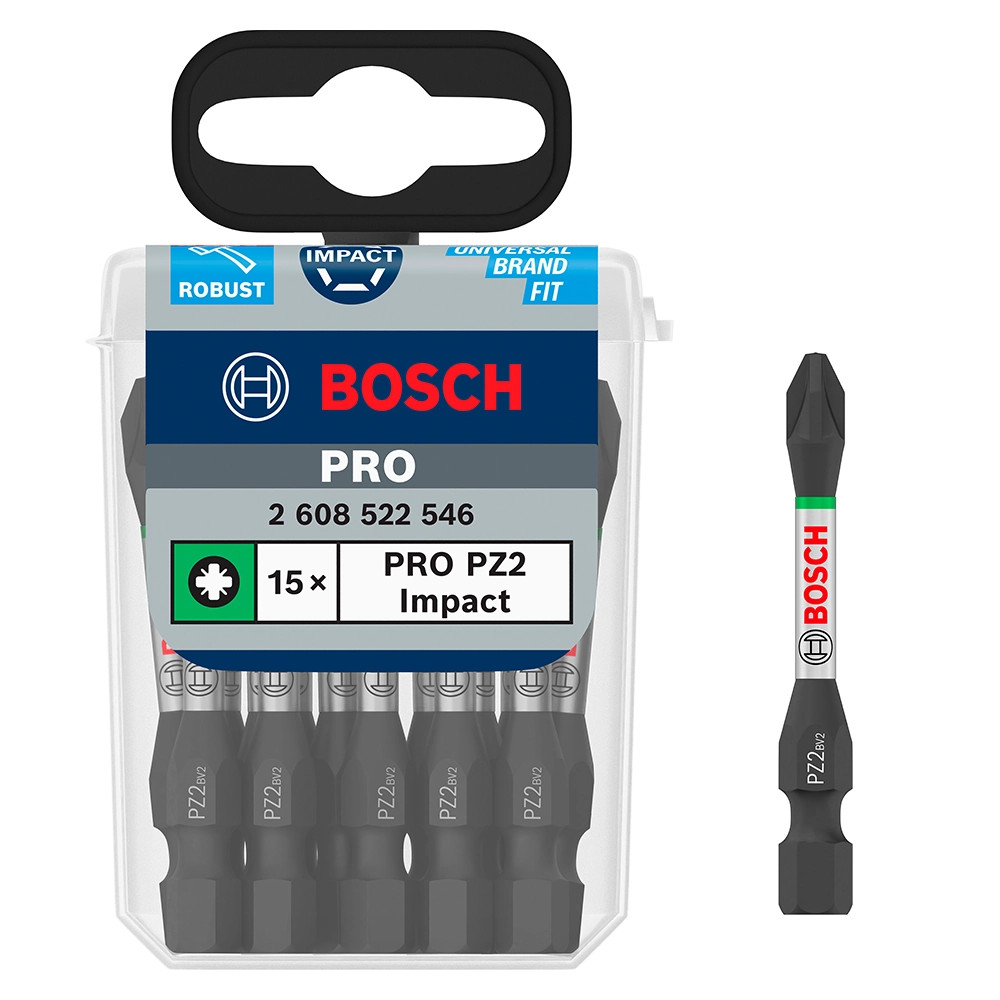 Bosch PRO PZ2 55mm Impact Screwdriver Bit - Pack of 15 & 60mm Magentic Bit Holder