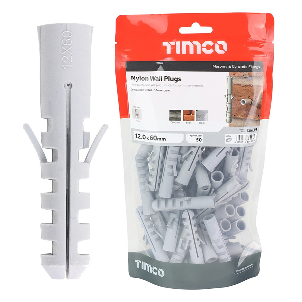 Timco 12mm x 60mm Nylon Plugs - Pack of 50