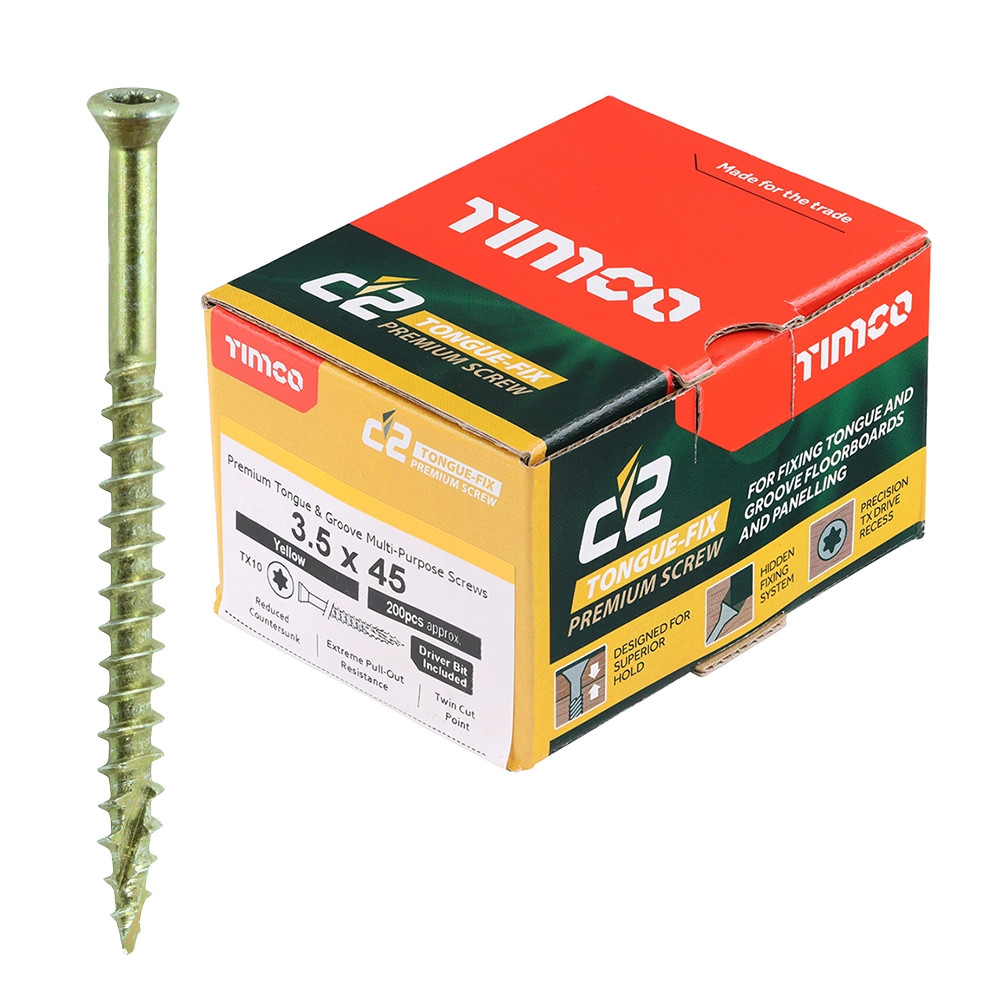 Timco 3.5mm x 45mm C2 Tongue-Fix TX Reduced Countersunk Twin-Cut Yellow Screws - Box of 200