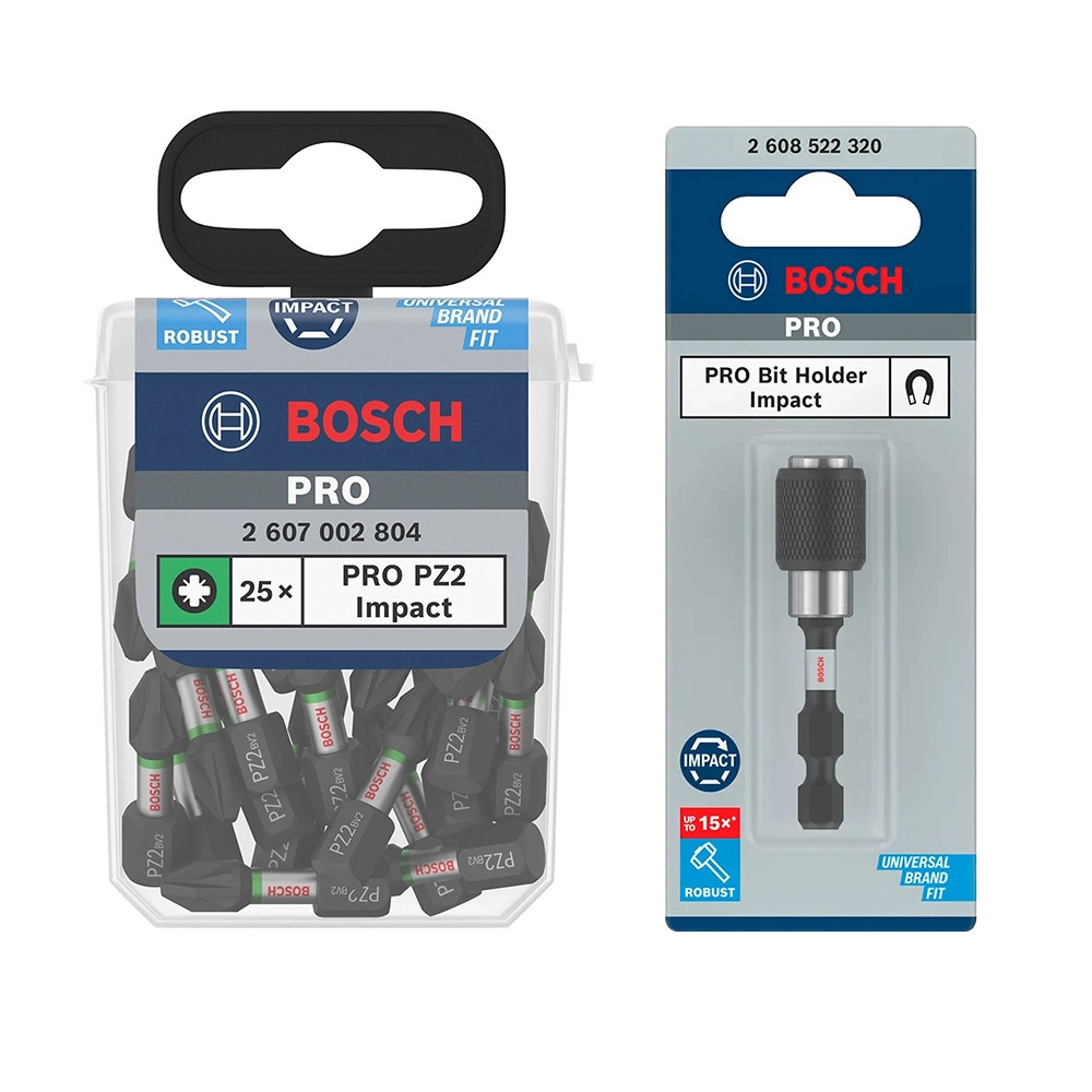 Bosch PRO PZ2 25mm Impact Screwdriver Bits - Pack of 25 & PRO 60mm Quick-Release Magnetic Bit Holder