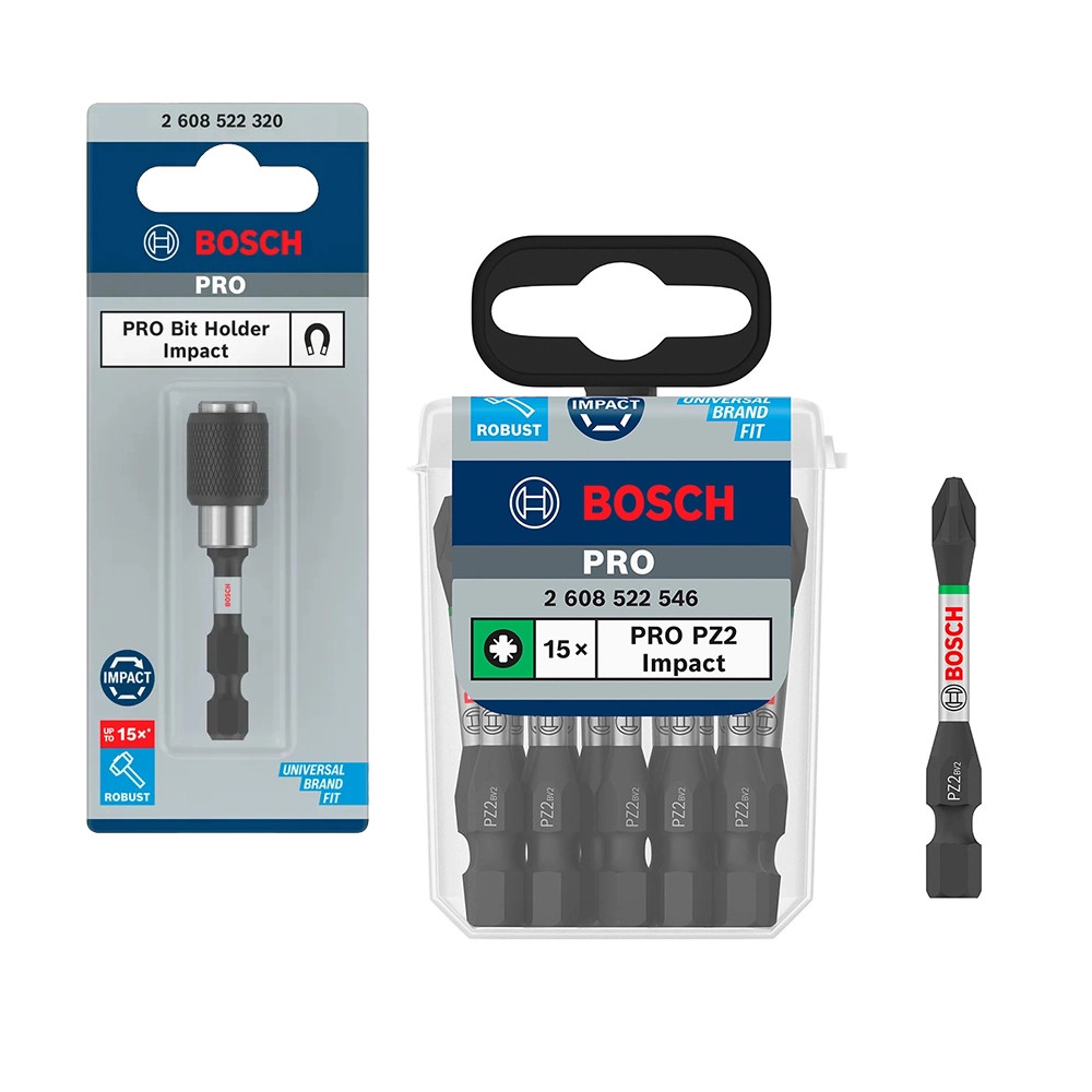 Bosch PRO PZ2 55mm Impact Screwdriver Bit - Pack of 15 & 60mm Magentic Bit Holder