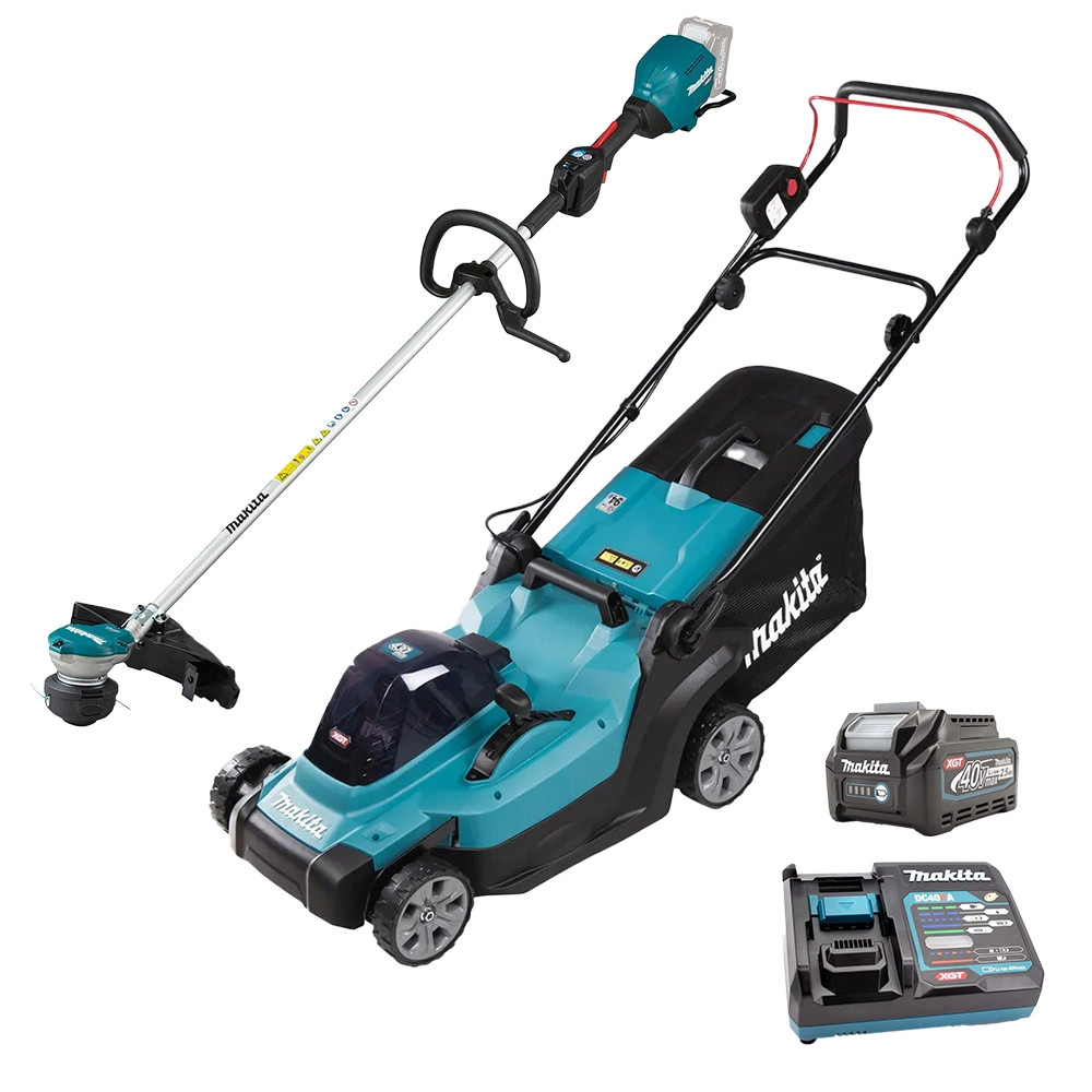 Makita LM004GZ 40V XGT 43cm Lawnmower, UR003G 40V XGT Brushless Line Trimmer, 2x 2.5Ah Batteries & Charger
