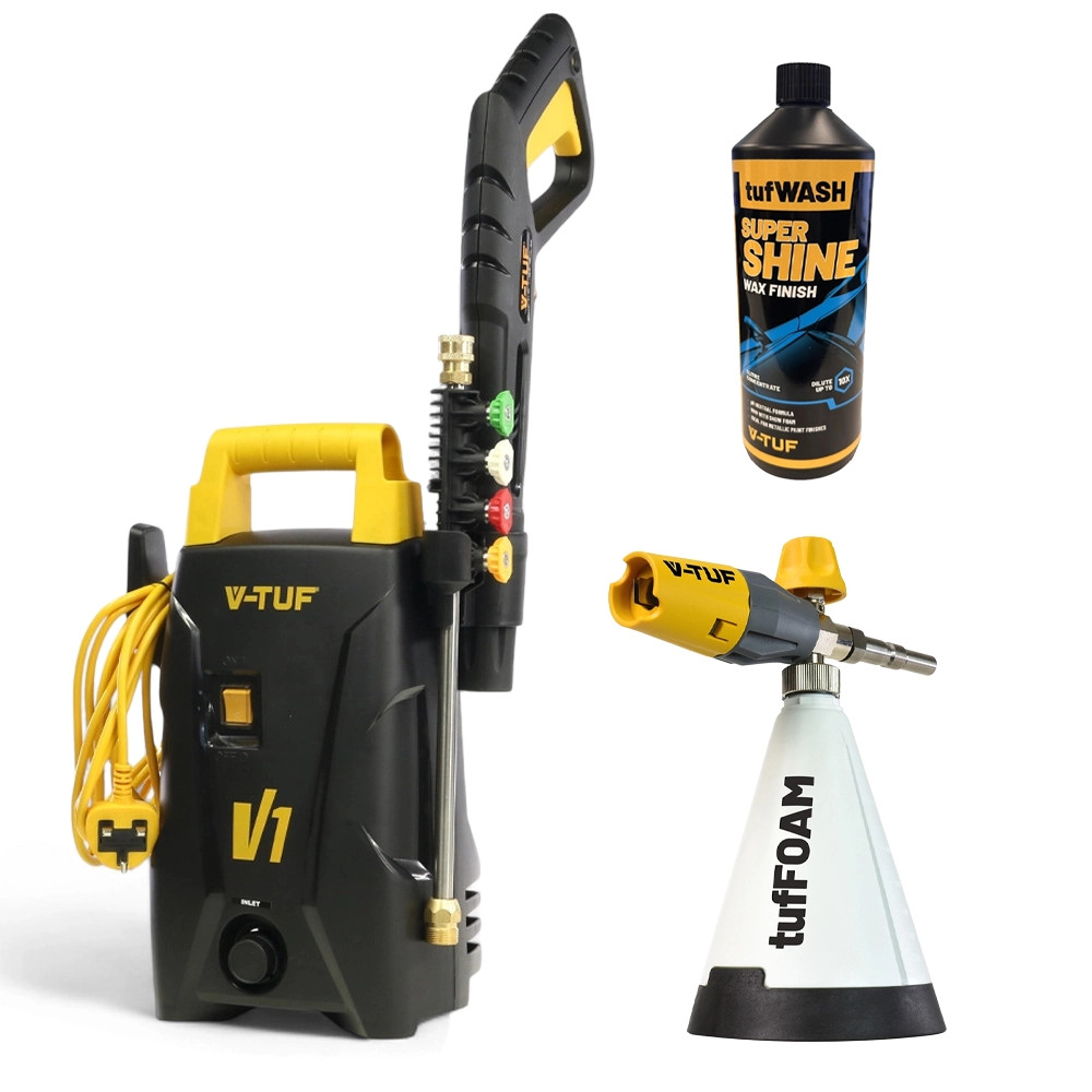 V-TUF V1 X2 Portable Pressure Washer, tufFOAM Cannon & Wash & Wax Non-Caustic Detergent - 1 Litre