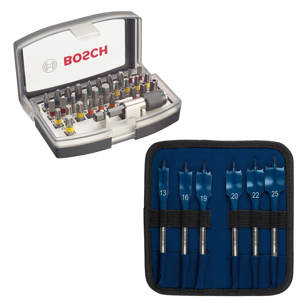 Bosch EXPERT 6 Piece Self-Cut Speed Flat Drill Bit Set & 32 Piece Colour Coded Screwdriver Bit Set