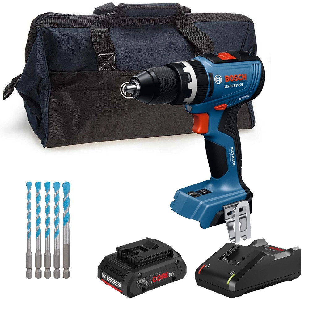 Bosch GSB 18V-65 18V Brushless Combi Drill, 5 Piece Bit Set, 1x 4.0Ah ProCORE Battery, Charger & Bag