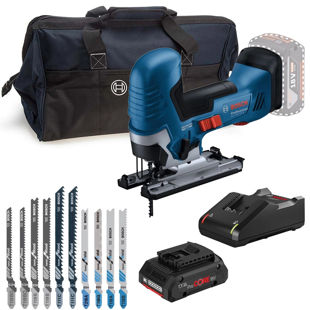 Bosch GST 18V-125 S 18V Brushless Jigsaw, 10 Piece Jigsaw Blades Set, 1x 4.0Ah ProCore Battery, 1x Charger & Tool Bag