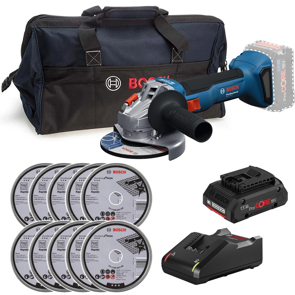 Bosch GWS 18V-8 18V Brushless 115mm Angle Grinder, 10x Standard for Inox Cutting Discs, 1x 4.0Ah ProCORE Battery, 1x Charger & Tool Bag