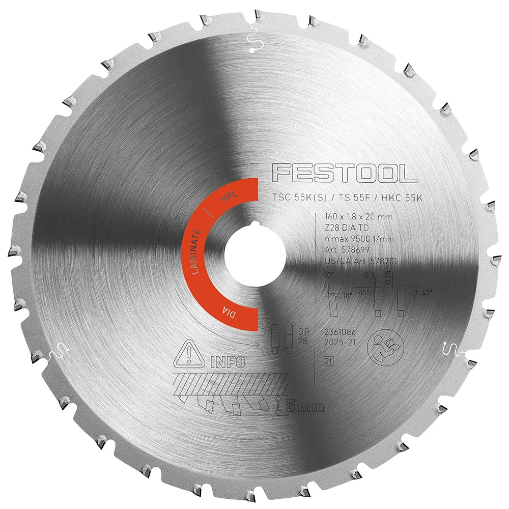 Festool 578699 160mm x 20mm 28T Diamond Circular Saw Blade for Laminate/HPL