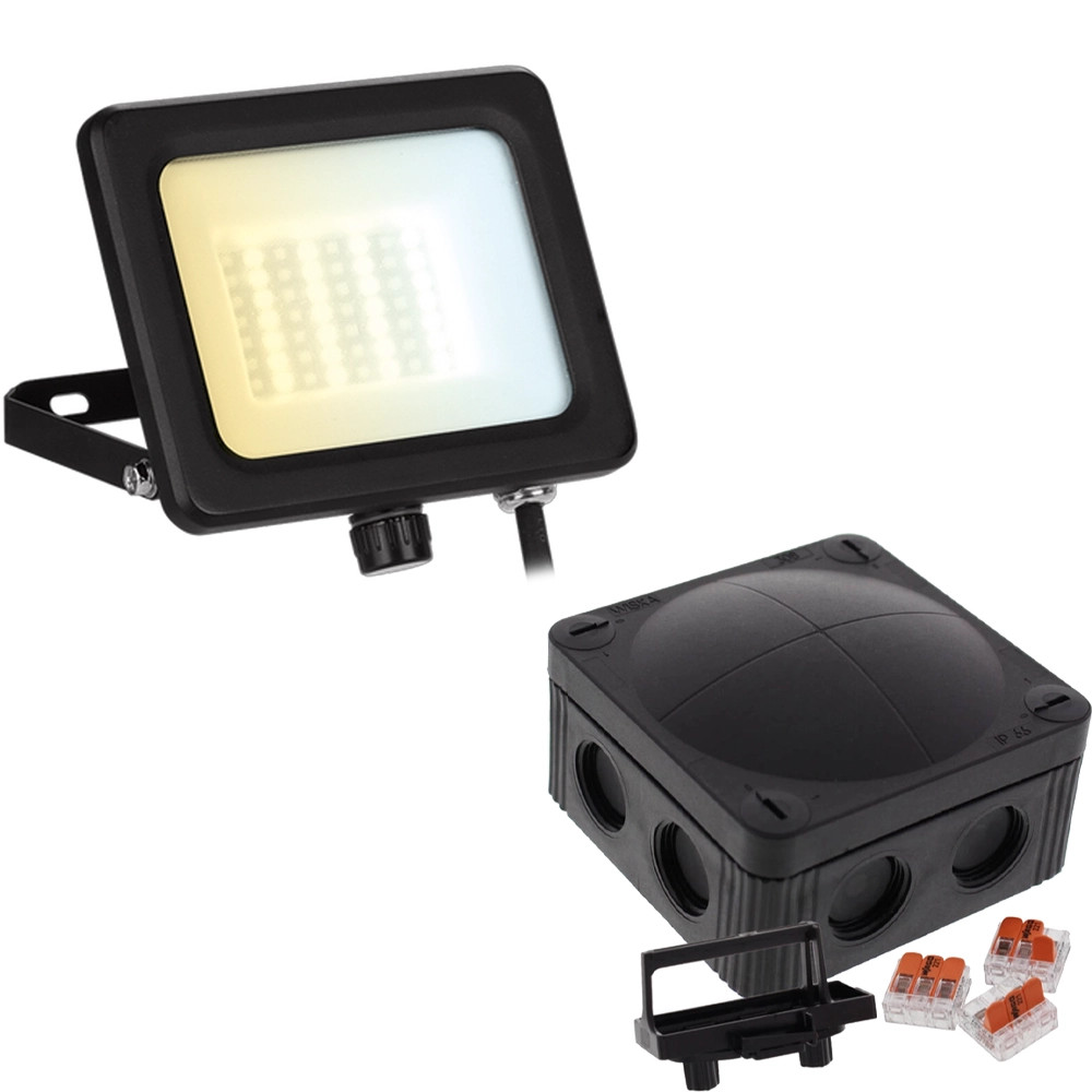 Aurora 20W LED IP65 Adjustable Floodlight (Black) & COMBI 308 Junction Box with 3x Wago 221-413
