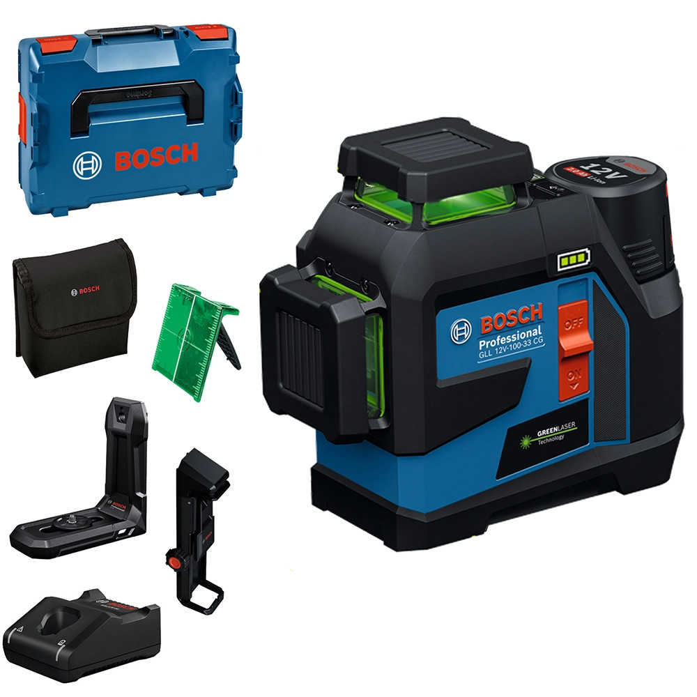 Bosch PRO GLL 12V-100-33 CG Line Laser, Universal Mount, 1x 2.0Ah Battery, Charger & L-BOXX 136 Case