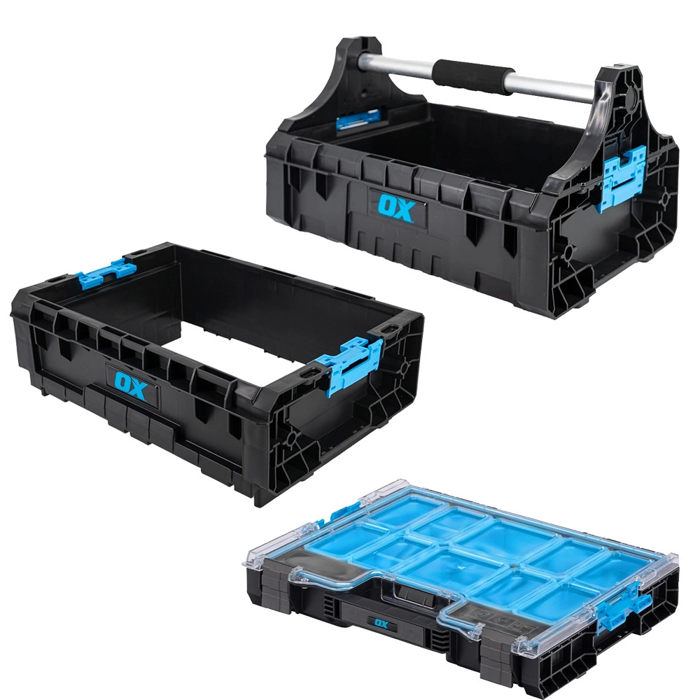 OX TOOLTREK 3 Piece Modular Set with Trade Organiser 200, Trade Crate with Bar Handle & Extension