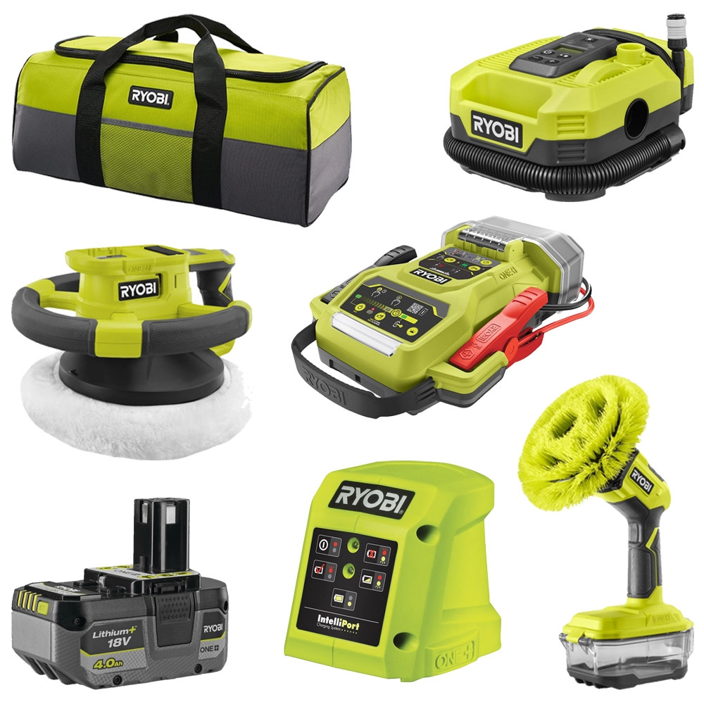Ryobi 4 Piece 18V ONE+ Car Cleaning Power Tool Kit With 2x 4.0Ah Batteries & Charger